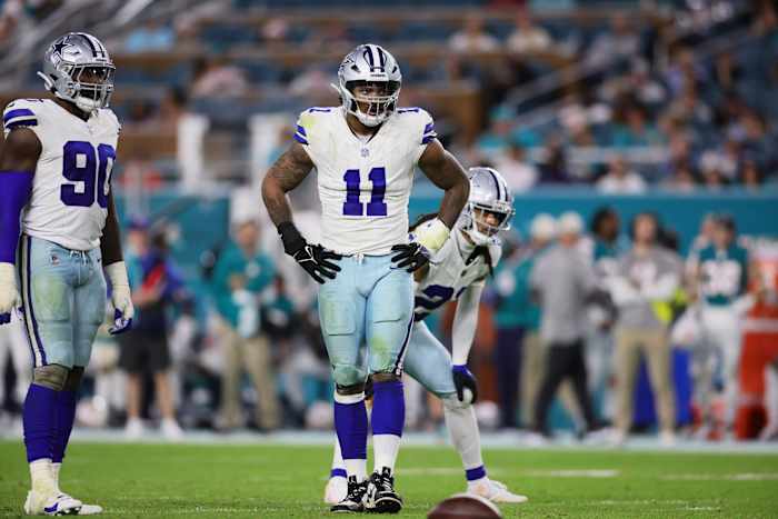Dec 24, 2023; Miami Gardens, Florida, USA; Dallas Cowboys linebacker Micah Parsons (11) looks on against the Miami Dolphins during the fourth quarter at Hard Rock Stadium.